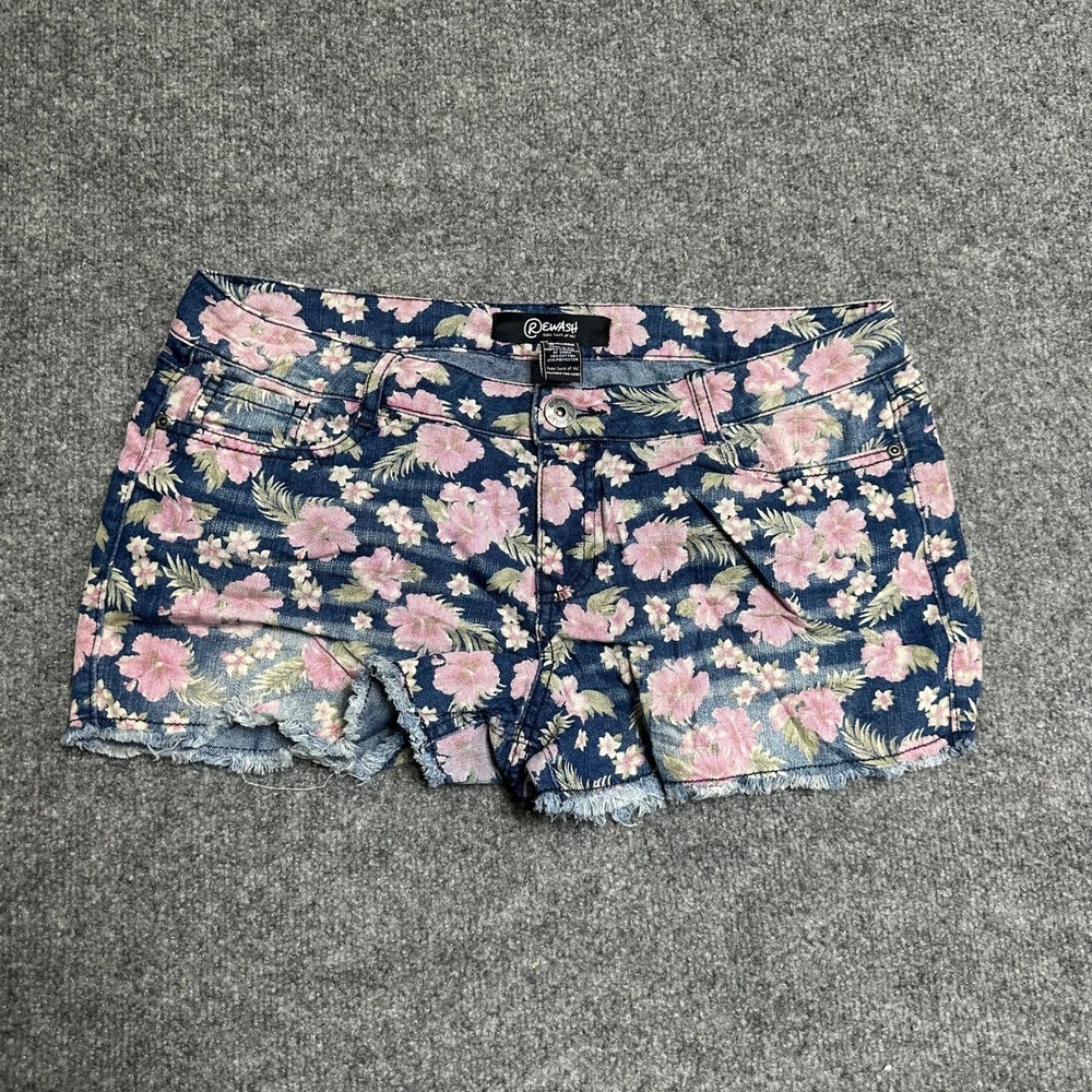 Rewash Shorts Womens Size 11 Blue Pink Floral Denim Raw Hem Casual Summer
